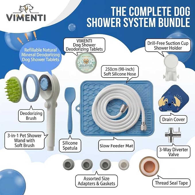Dog Shower Sprayer Kit with Deodorizing Shower Steamers, Universal Pet Bathing Tool for Indoor & Outdoor Use with Silicone Massage Brush, 8.2ft Extra-Long Hose, Brass Diverter & Lick Mat