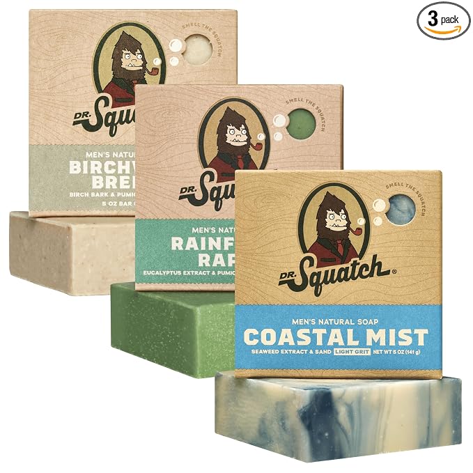 Dr. Squatch Natural Men’s Bar Soap - Cold Process Body Soap Bar with Natural Oils - Gifts for Men - Coastal Mist, Rainforest Rapids, Birchwood Breeze (5 oz, 3-Pack)