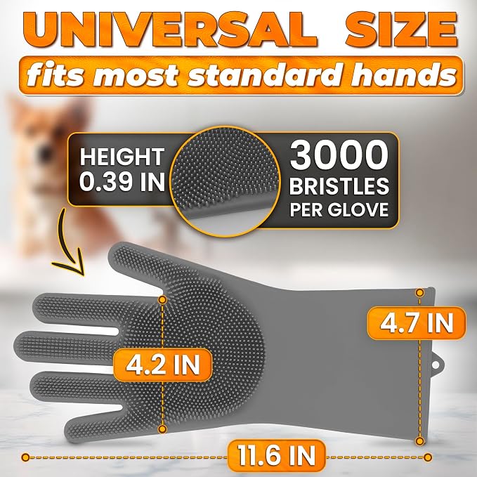 Cat and Dog Shampoo Gloves with 3000 Soft Bristles – 2-in-1 Dog Bath Gloves 11.6", Durable Silicone, Saves Shampoo | Massage, Grooming & Clean Wet or Dry – Made for Every Breed and Coat Style (Grey)