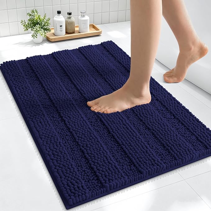 Smiry Thick Small Chenille Bathroom Rugs 24x16, Extra Absorbent Striped Bath Mat, Machine Washable, Rubber Backing, Bath Rugs for Bathroom, Tub & Shower, Home Decor Accessories, Twilight Sapphire