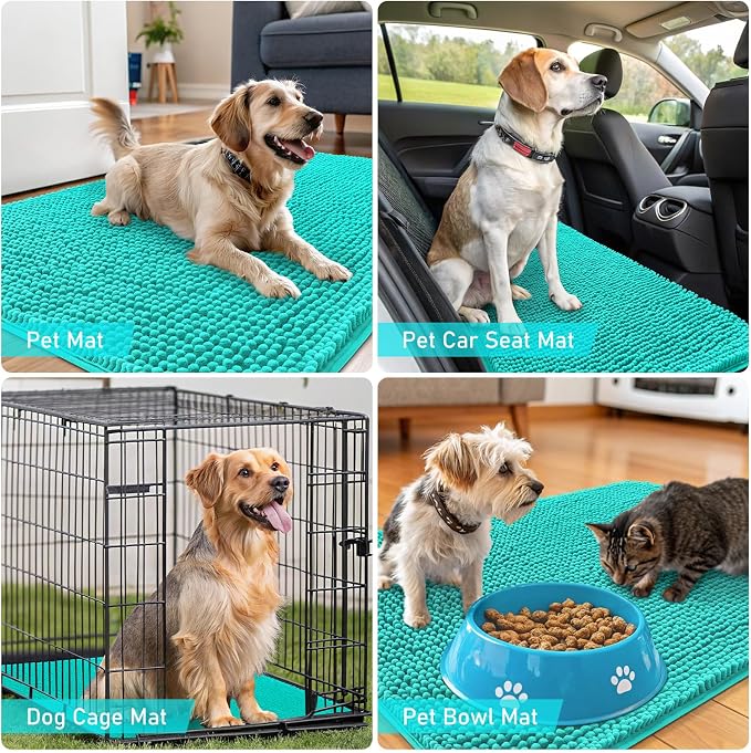 OLANLY Dog Door Mat for Muddy Paws 59x32, Absorbs Moisture and Dirt, Absorbent Non-Slip Washable Doormat, Quick Dry Chenille Mud Mat for Dogs, Entry Indoor Entryway Carpet for Inside Floor, Teal