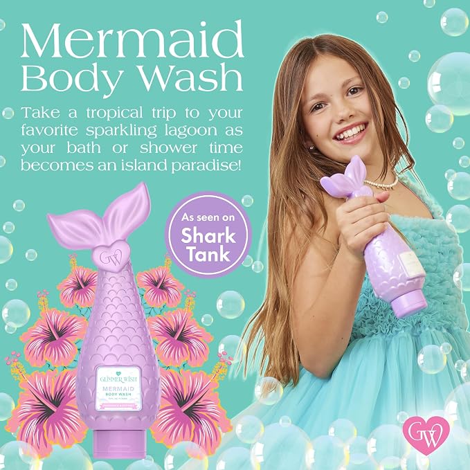 Glimmer Wish Fragrance Free and Dye Free Kids Body Wash for Sensitive Skin, Plant Based Cleansers, Organic Botanicals and Pro-Vitamin B5, 12 Fl Oz (Mermaid)
