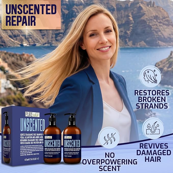 Unscented Shampoo and Conditioner Set - Fragrance Free, Sulfate Free - Moisturizing Hair and Scalp Care - Hydrating Salon Formula for Women and Men - Zero Paraben Content - 16 Fl Oz (Set of 2)