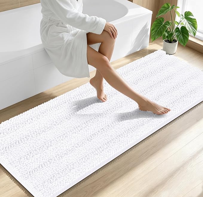 Smiry Thick Chenille Bathroom Runner Rugs 70x24, Absorbent Striped Bath Mat, Machine Washable, Rubber Backing, Extra Long Bath Rugs for Tub & Shower, Modern Home Decor Accessories, White
