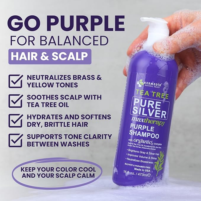 KESMEDIK Tea Tree Purple Shampoo with Tea Tree Oil, Rosemary & Aloe, Salon-Grade Purple Toner for Yellow Brassy Gray, Bleached, White & Blonde Hair, Refreshes Scalp, Sulfate-Free, 16 fl oz