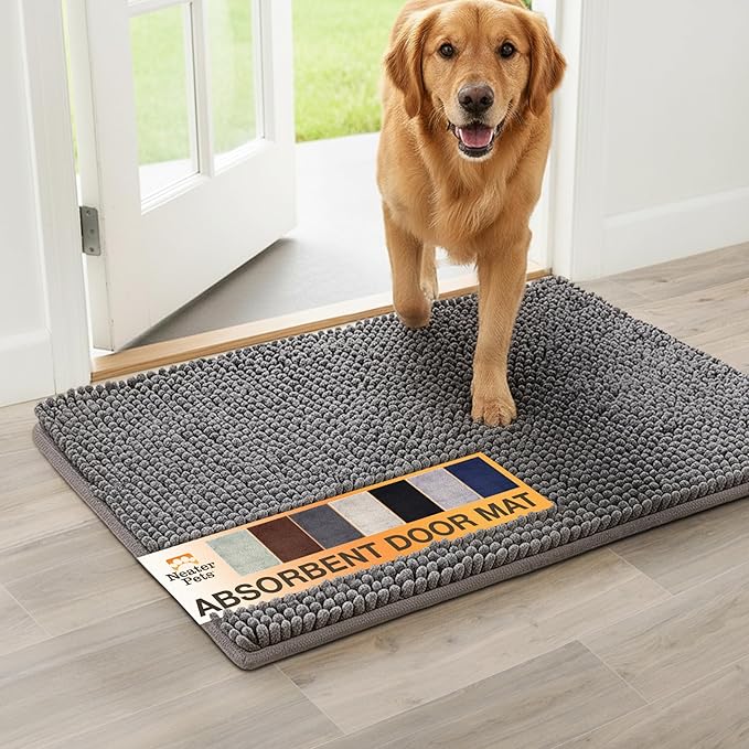 Neater Pets Muddy Paws Dog Door Mat 24” x 17” – Super Absorbent & Quick-Dry Chenille Doormat for Trapping Dirt, Water, Mud - Non-Slip, Machine Washable Pet Rugs for Entryway, Indoor Mud Mats, Charcoal