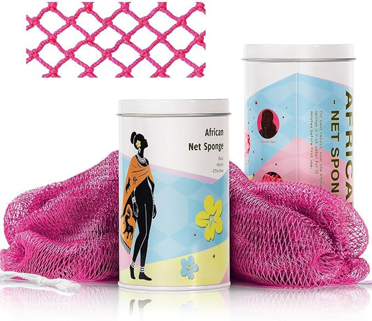 African Net Sponge Exfoliating Glove for Body and Face, Double Knotted Bath Sponge for Deep Cleansing and Gentle Exfoliation, Reusable and Quick-Dry （Rose Red）