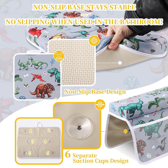 Bath Kneeler and Elbow Rest Pad Set, Dinosaur Design 1.5" Thick Comfortable Kneeling Cushion with Organizer Pockets - Quick Drying, Foldable, Non-Slip for Bathing Time