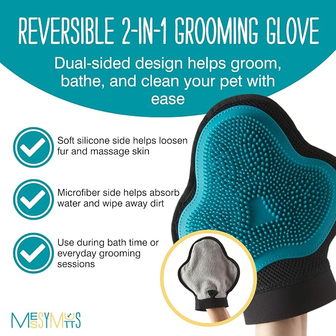 Messy Mutts Reversible Silicone Pet Grooming Glove | Gentle Massage, Brush, Bath and Dog Hair Removal Mitt | One Size Fits All | Blue
