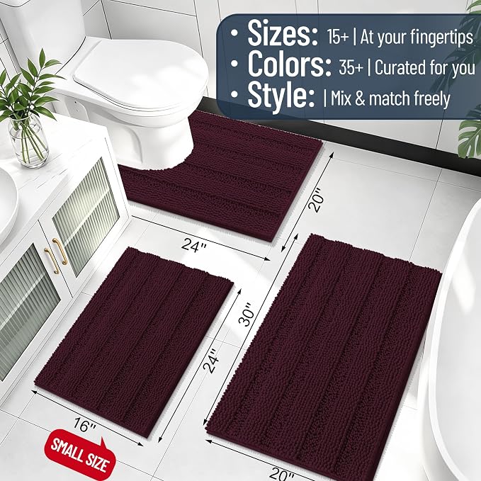 Smiry Thick Chenille Bathroom Runner Rugs 44x24, Extra Absorbent Striped Bath Mat, Machine Washable, Rubber Backing, Long Bath Rugs for Bathroom, Tub & Shower, Home Decor Accessories, Black Cherry