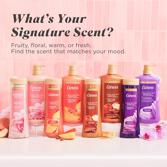 Caress Mango & Almond Oil Body Wash, 20 fl oz, 4 Pack | Hyaluronic Acid & Vitamin B3, Moisturized, Silky Soft Skin, Long-Lasting Tropical Fragrance