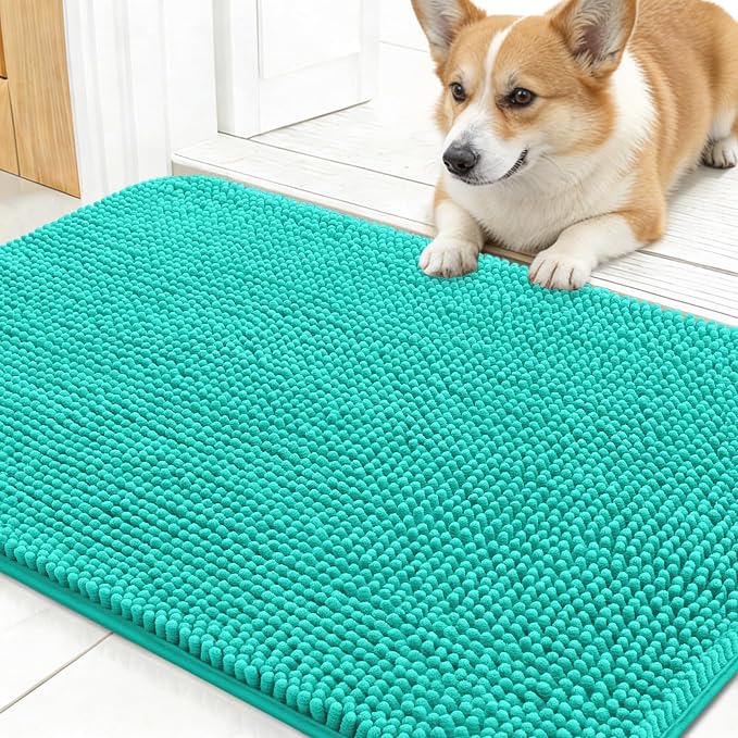 OLANLY Dog Door Mat for Muddy Paws 24x16, Absorbs Moisture and Dirt, Absorbent Non-Slip Washable Doormat, Quick Dry Chenille Mud Mat for Dogs, Entry Indoor Entryway Carpet for Inside Floor, Teal