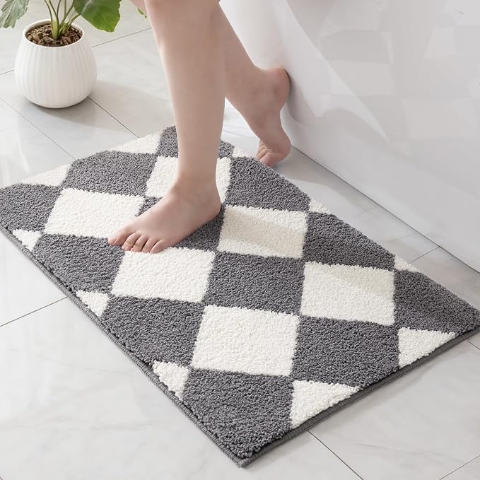 Exclusivo Mezcla Bathroom Rugs Mat 17x24, Extra Soft Non Slip Absorbent Microfiber Bath Rugs, Machine Washable Quick Dry Bath Mats for Bathroom Floor, Shower, Home Decor, Checkered Grey