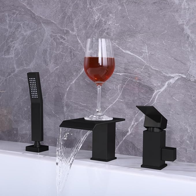 Waterfall Roman Tub Faucet with Hand Shower Matte Black 3 Hole Bathtub Faucet with Sprayer Deck Mount Bath Tub Filler Set