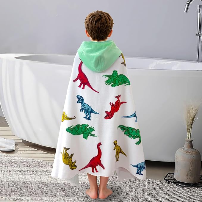 VOOVA & MOVAS Hooded Bath Towel for Kids (3-8 Years) – 100% Cotton Soft Absorbent Swim Towel (30"x50") – Perfect for Pool, Beach, Bath,Dino