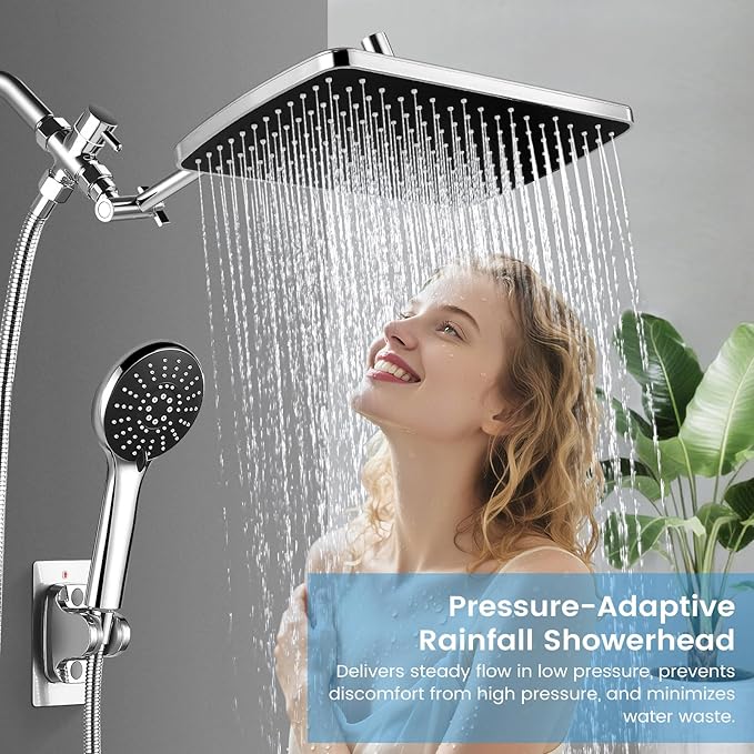 Shower Head with Handheld,11.8 Inch Large Rectangular Rain Shower Head with 5 Modes Handheld Spray Combo,Adjustable Double Shower Heads with Holder and 11'' Extension Arm,Chrome
