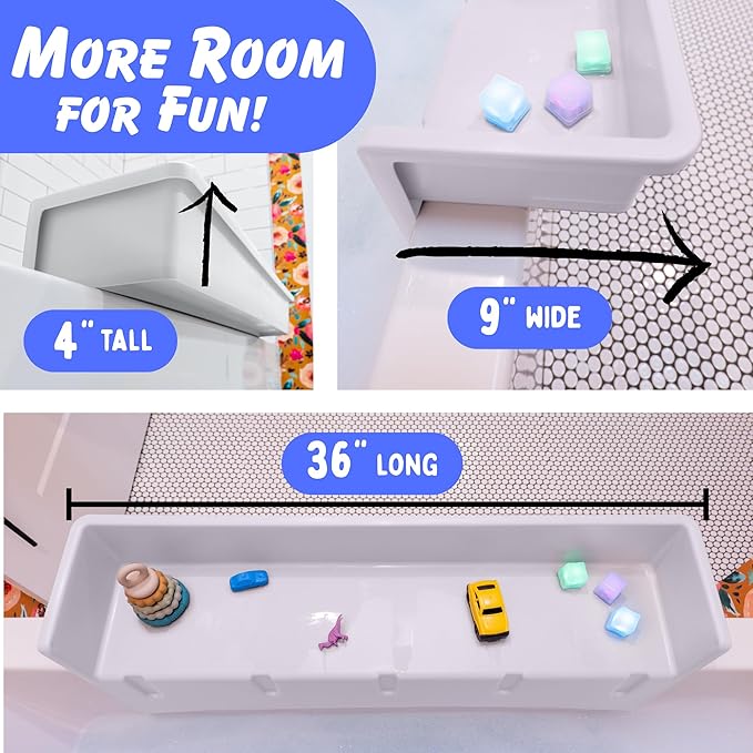 Tub Topper Kids Bathtub Splash Guard, Shelf & Toddler Bath Toy Tray - White | Toddler Bath Tray & Ledge Organizer, Strong Suction Cups, Patented Lip Design, Kids Bathroom Accessory Storage, Made in USA