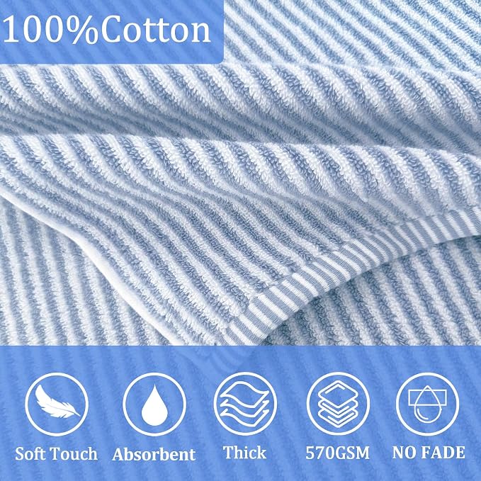 VOOVA & MOVAS Hooded Bath Towels for Kids | Soft Absorbent 100% Cotton Thick Towel Wrap | Versatile Beach, Pool, Swim & Bath Cover-Up | Blue White Thin Horizontal Stripe