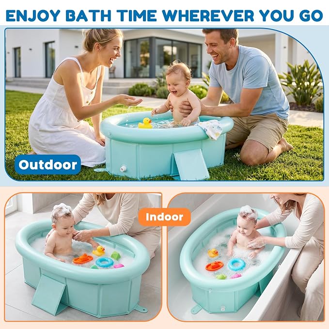 Orzbow Toddler Bathtub with Inflatable Top Edge, Collapsible Baby Bathtub with Side Drain Plug, Portable Bath Tub for Infant Toddler Kids 6M- 6Y Without Assembly, Extra Stable & Durable, Green