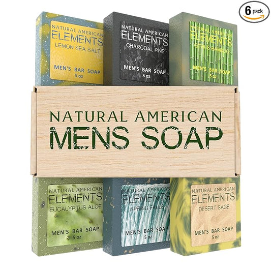 NATURAL AMERICAN ELEMENTS Men's Bar Soap - Masculine Scents, 100% Natural Soap for Men - Essential Oils, Organic Shea Butter - Made in USA, Body Wash - 5 oz (6pk) | 100% Natural, Essential Oils, Organic Shea Butter, Made in USA, Body Wash