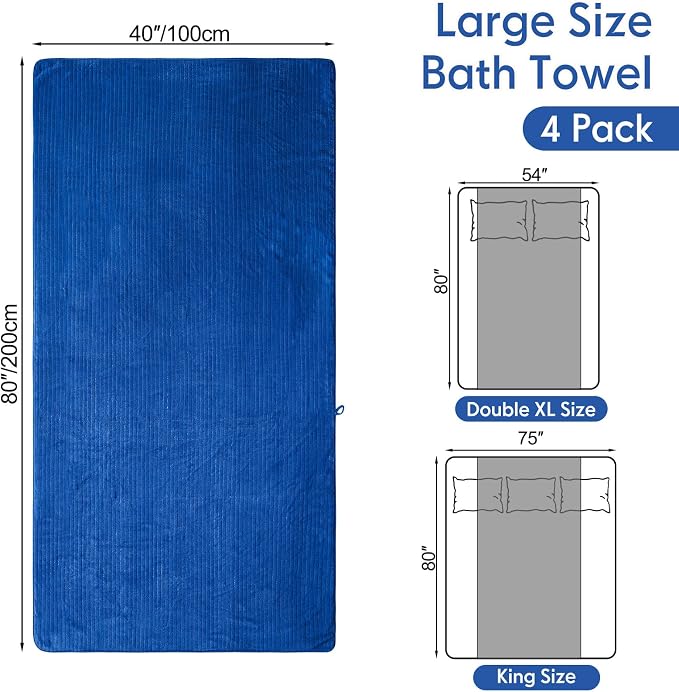 SmoothNovelty 4 Pcs Oversized Coral Fleece Bath Sheets 40 x 80 Inch, Lightweight Extra Large Towel Blanket, Soft Jumbo Bathroom Towels with Hanging Loop for Bath, Pool, Beach, Spa, Travel (Navy)