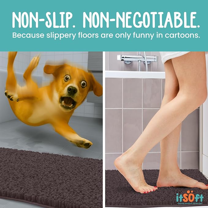 Large Chenille Bath Mats 47x21, Plush Absorbent Quick Dry, Soft & Machine Washable, Non Slip Carpet for Bathroom, Thick Bathroom Rugs, Shower Restroom Rug Mat, Bathrugs, Dark Brown