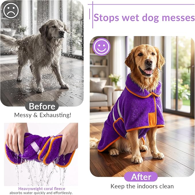Bienbee Dog Bathrobe, Quick Drying Super Absorbent Pet Robes for Small Medium Large Dogs, Drying Coat for After Bath & Swim, Warm & Cozy Dogs Towels, Dog Puppy Bath Supplies, Purple XXL