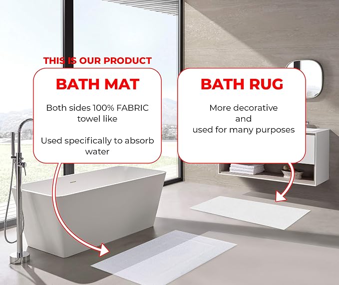 100% Cotton Bath Mats for Bathroom Floor Set of 2 Pack, 20x34 Soft Absorbent Washable Quick Dry Tub Bathmat, White