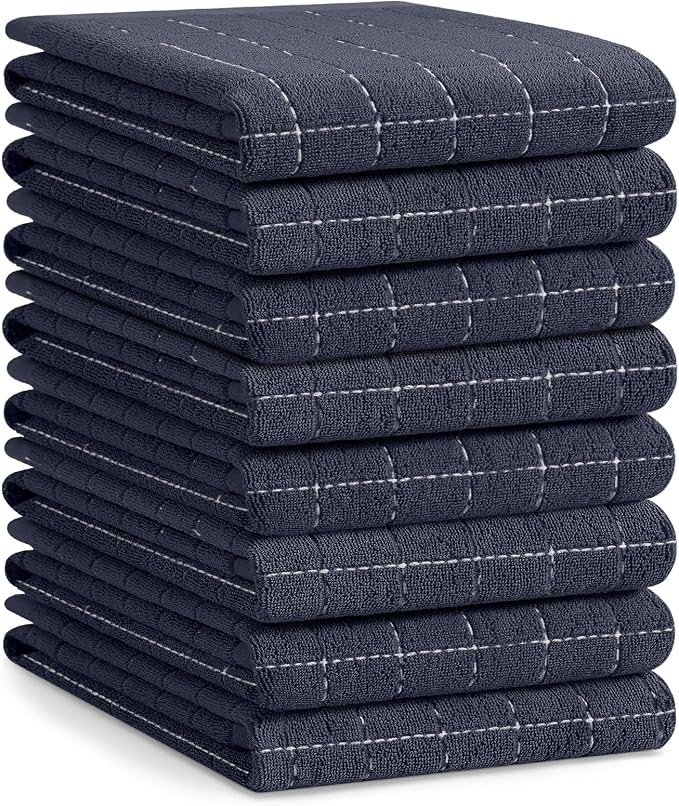 Homaxy 100% Cotton Terry Kitchen Towels(Dark Grey, 20 x 28 inches), Checkered Designed, Soft and Super Absorbent Dish Towels, Large 8 Pack