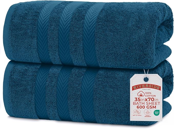 RIVERSIDE Pack of 2 Extra Large Bath Sheets 35 x 70 Inches, 100% Ring Spun Cotton, Hotel Quality, Oversized Bath Towels, Super Soft, Highly Absorbent & Quicker to Dry, Blue Opal