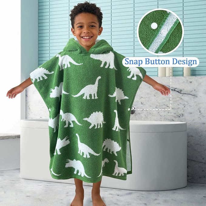 VOOVA & MOVAS Kids Poncho Towels with Hood (4-8Years,28"x28"),Soft Cotton Thick Absorbent Towel Robe for Toddler Boys,Perfect for Bathroom | Pool | Beach | Swimming, Jacquard Green Dinosaur