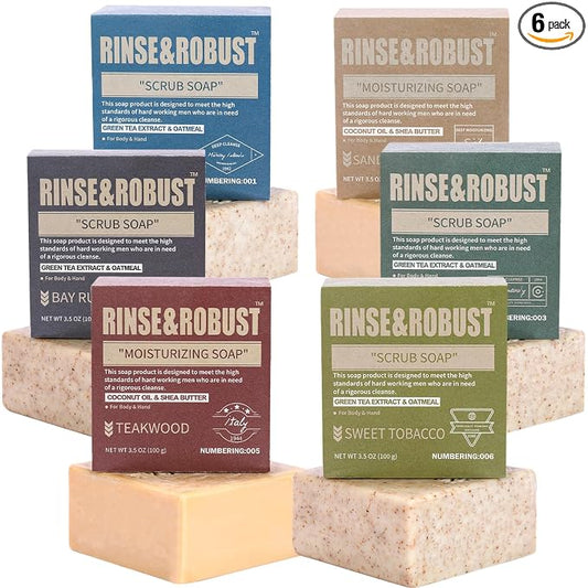 Rinse & Robust Mens Natural Bar Soap 6Pcs Handmade Cleansing Soap Bar Set Moisturizing&Exfoliating Scrub Soap Gifts for Men 6 Different Scents 3.5 oz of 6 Bars
