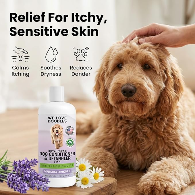 We Love Doodles Dog Conditioner & Detangler, 2-in-1 Conditioner for Allergies & Itching, Lavender and Chamomile, Made in USA, Dog Lotion Treatment, Perfect for Poodles, Doodles & Goldendoodles,16oz