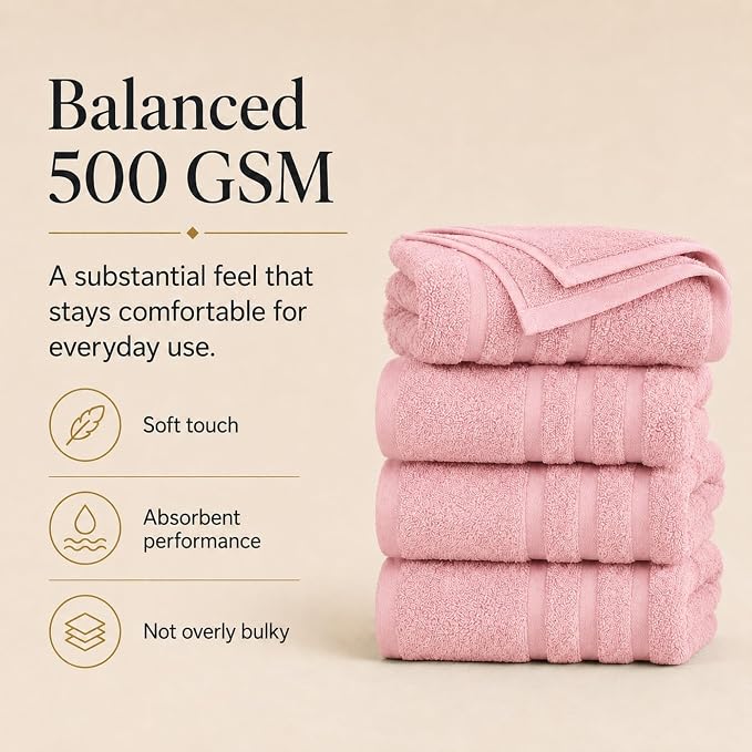 Velqora Bath Towels, 2 Pack, 30x60 in, 100% Cotton, Soft & Absorbent, Pink | Balanced Weight | Everyday Comfort | Easy Care