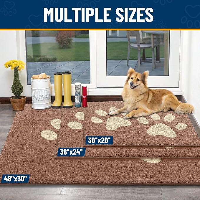 Smiry Dog Door Mat for Muddy Paws, Absorbs Moisture and Dirt, Low-Profile Entryway Mat with Non-Slip Backing, Entry Indoor Outdoor Doormat for Inside Floor (36x24 Inches, Camel, Paw)