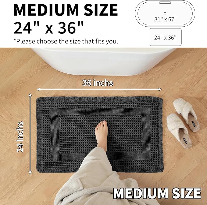 Waffle Bath Mat - Super Water Absorbing Bath Mat Quick Dry, Bathroom Rugs Non Slip Washable with Tassels, Rubber Backed Bathroom Mat for Bathroom Floor, Tub and Shower, 24" x 36", Black