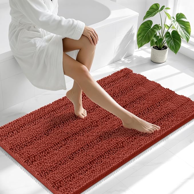 Smiry Thick Chenille Bathroom Runner Rugs 44x24, Absorbent Striped Bath Mat, Machine Washable, Rubber Backing, Long Bath Rugs for Bathroom, Tub & Shower, Home Decor Accessories, Rustic Terracotta