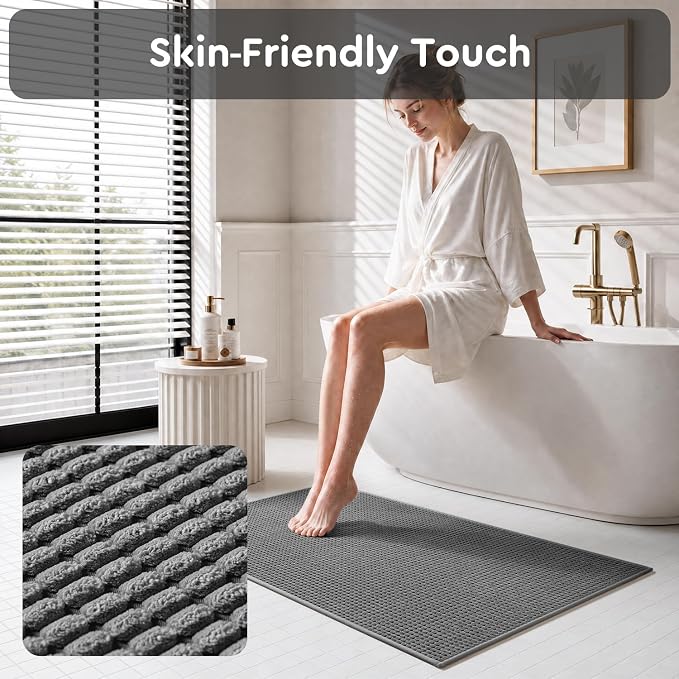 tchdio Bathroom Rugs, Absorbent Quick Dry Thin Bath Mat, Non Slip Washable Bath Rugs with Solid Rubber Backing, Low Profile Bath Mats for Bathroom, Grey, 20" x 32"