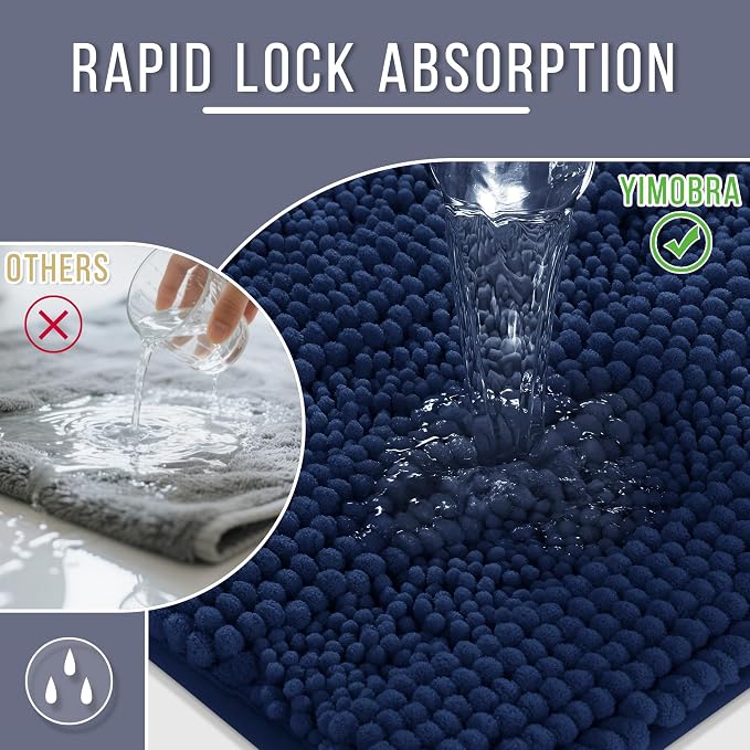 Yimobra Bathroom Rug Mat 36 x 24, Non Slip and Super Absorbent Bath Mat,Machine Washable Quick Dry,Ultra Plush Chenille Shower Rugs for Bathroom Floor Sink Tub and Shower Outside,Navy Blue