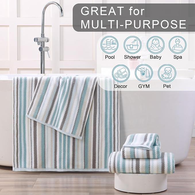 VOOVA & MOVAS Bathroom & Guest Room Aqua Striped Bath Towels (Set of 4, 28"x52") - 100% Cotton Lightweight Super Soft Highly Absorbent Quick Dry Shower Towels with Hanging Loop | Gray & Aqua Striped