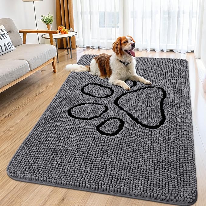 Smiry Dog Door Mat for Muddy Paws, Absorbent Dirt Trapper Non Slip Quick Dry Washable Chenille Mat for Mud Dogs, Entry Rug for Indoor and Outdoor (59x35 Inches, Dark Grey and Black)