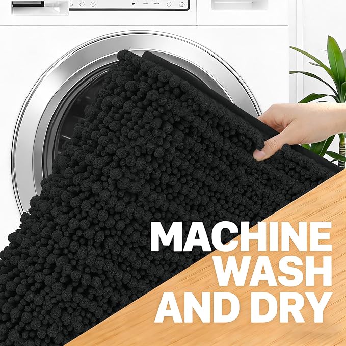 OLANLY Bathroom Rug Mat 40x32, Thick Soft and Absorbent Chenille Bath Mat, Non-Slip Rubber Backing, Machine Washable Quick Dry Bath Rugs for Tub Shower Floor, Home Decor Accessories, Black