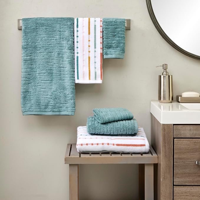 SKL Home CloudSoft/Modesto Stripe 100% Cotton Luxury 6-Piece Towel Set - 600 GSM, Ultra Plush & Absorbent, Reversible - 2 Bath Towels, 2 Hand Towels, 2 Washcloths, Teal/Multi