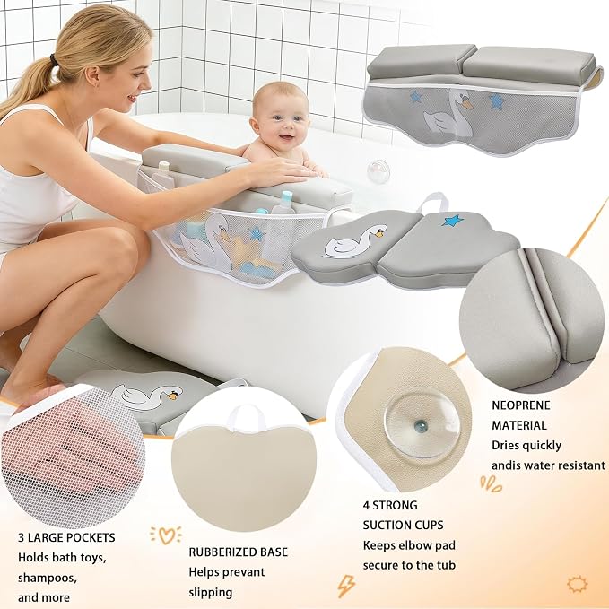 Bath Kneeler and Elbow Rest Pad Set, Bathtub Kneeling Pad with Elbow Support and Storage Pockets, Baby Bath Support Non-Slip, Machine Washable, Quick Drying for Comfortable Baby Bathing (Grey)