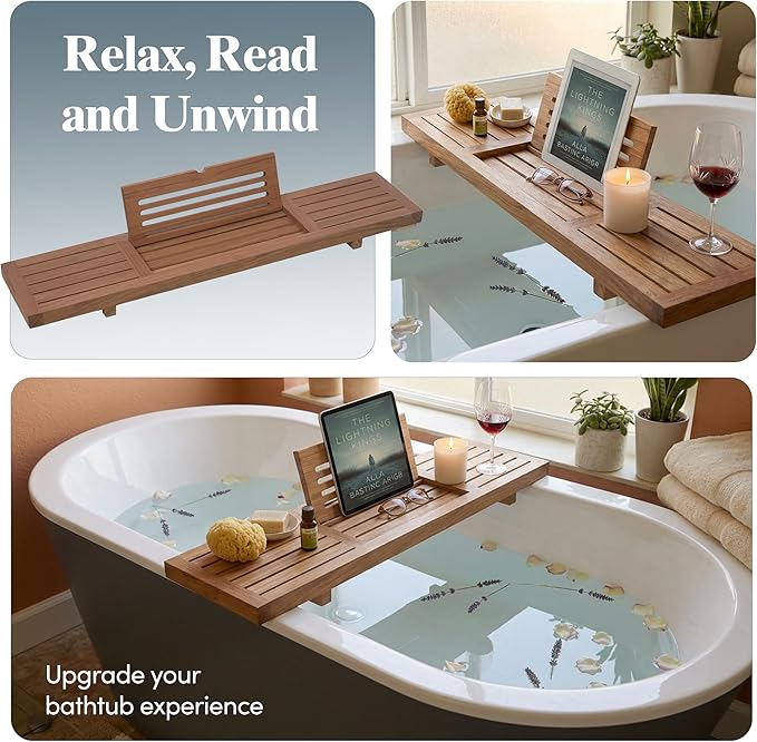 AquaTeak 30" Manada Teak Bathtub Tray Caddy - Durable, Water-Resistant Bath Tray for Tub with Foldable Book & Tablet Stand - Fits Standard Soaking Bathtubs - Bathroom Accessories for Spa