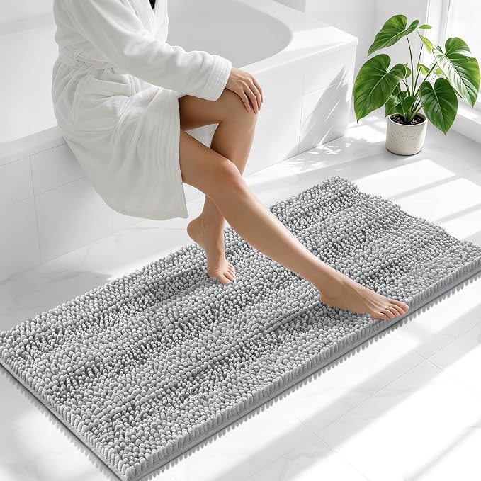 Smiry Thick Chenille Bathroom Runner Rugs 47x20, Extra Absorbent Striped Bath Mat, Machine Washable, Rubber Backing, Long Bath Rugs for Tub & Shower, Modern Home Decor Accessories, Light Grey