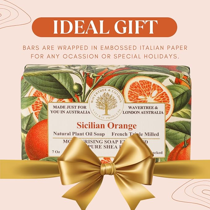 Wavertree & London Sicilian Orange Scented Natural Soap Bar, 7oz Moisturizing French Triple Milled Soap Bar for Women & Men Enriched with Organic Shea Butter, Pure Bath & Body Soap (1 Bar)