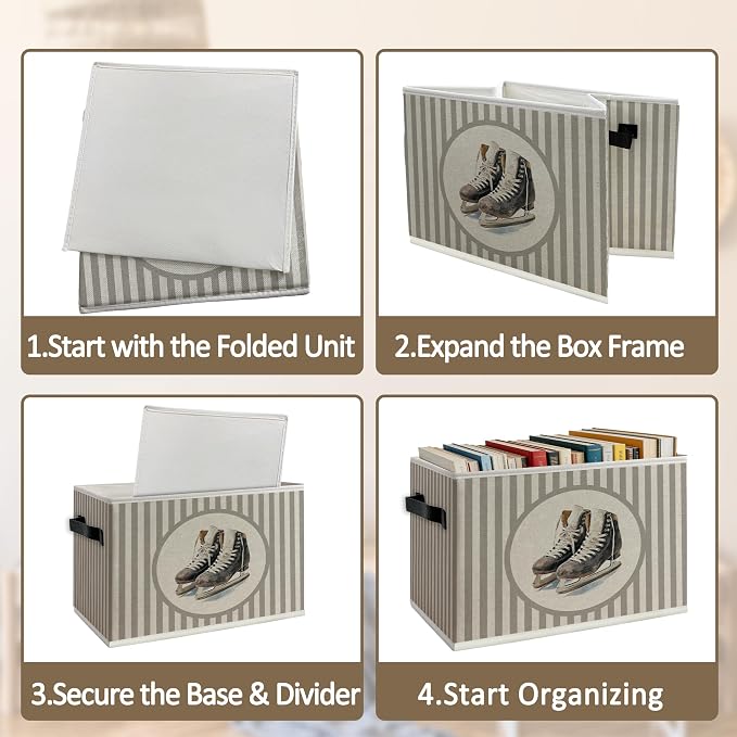 Vintage Hockey Storage Bins Box with Handles, Sports Kids Decor for Boys, Neutral Striped Hockey Skates Ball Collapsible Organizer Basket for Nursery Room Bedroom Playroom Toys Books