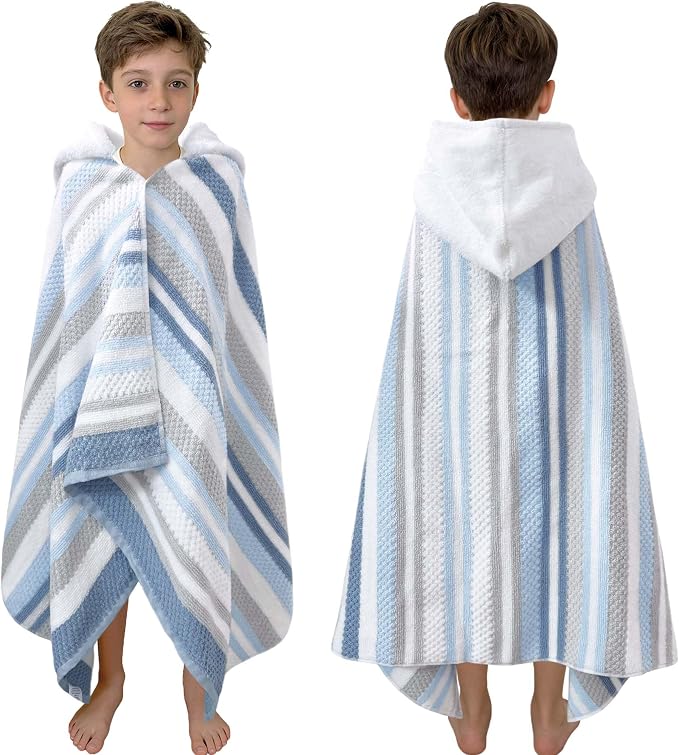 VOOVA & MOVAS Kids Hooded Bath Towel (3-10 Years,56"X30") | Soft Quick Drying Absorbent 100% Cotton Thick Towel Wrap | Versatile Beach, Pool, Swim & Bath Cover-Up | Blue Gray Vertical Stripe