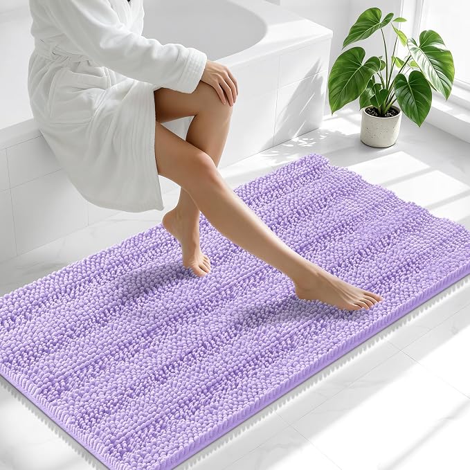 Smiry Thick Chenille Bathroom Runner Rugs 47x24, Extra Absorbent Striped Bath Mat, Machine Washable, Rubber Backing, Long Bath Rugs for Tub & Shower, Modern Home Decor Accessories, Lavender